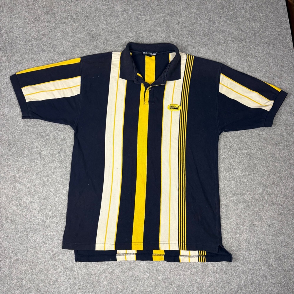 First Down Mens Vertical Stripe Polo Shirt Navy Blue Yellow White Large Vintage